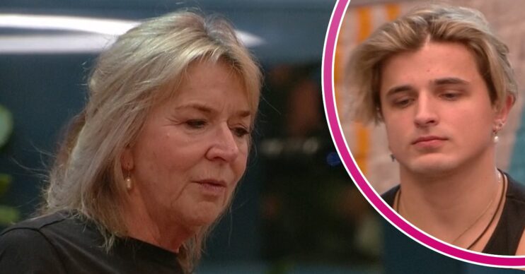 Fern Britton looking down / Nikita Kuzmin smirking slightly on Celebrity Big Brother