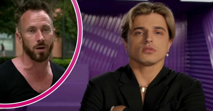 James Jordan looking annoyed / Nikita Kuzmin posing in Celebrity Big Brother VT