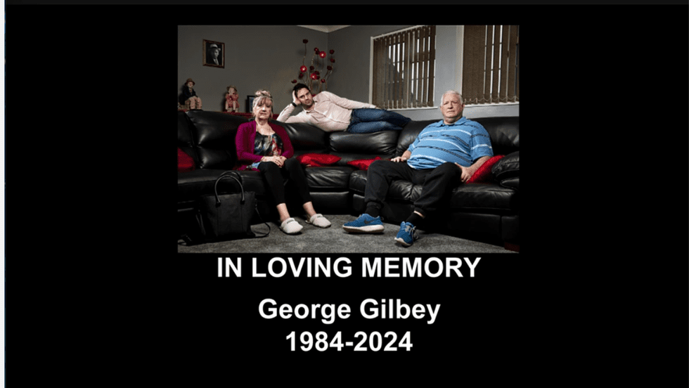 Black screen with tribute to George Gilbey on Gogglebox