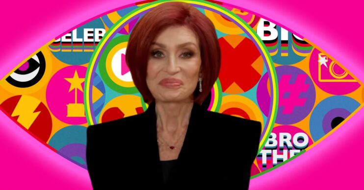 Sharon Osbourne smiling on the Big Brother logo