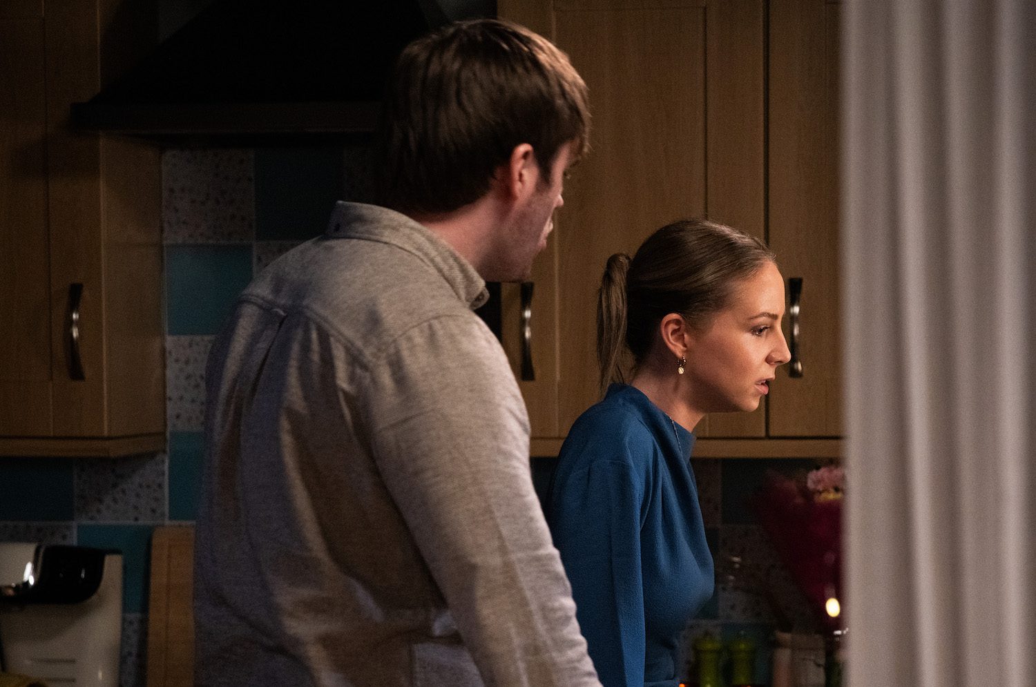 Tom King looms over wife Belle Dingle who looks scared