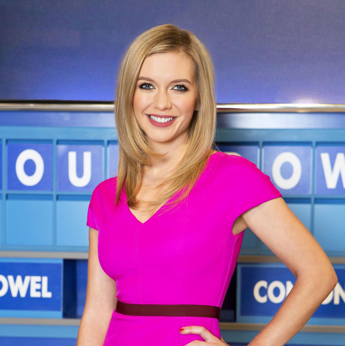 Rachel Riley in a pink dress on Countdown