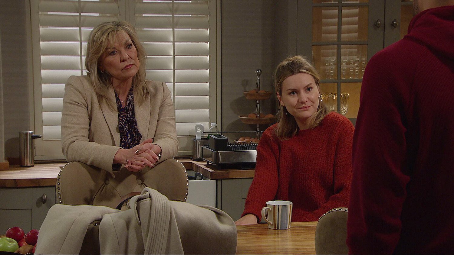 Kim and Dawn in Emmerdale look at Billy, Kim is not happy