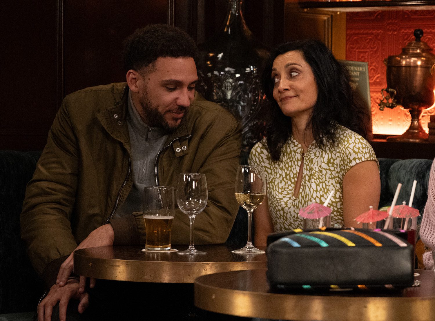 Manpreet Sharma smiles flirtily at Billy Fletcher in the Woolpack