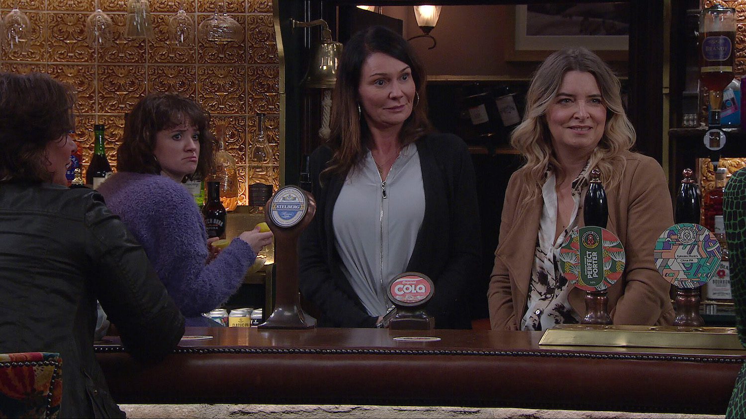 Emmerdale: Gail looks worried as Chas and Charity look surprised in the Woolpack