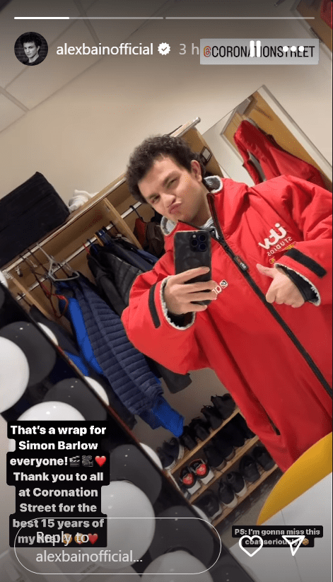 Alex Bain from Coronation Street shares picture to his Instagram Story in a red coat