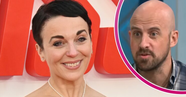 Amanda Abbington smiling at movie premiere and Jonathan Goodwin on Lorraine