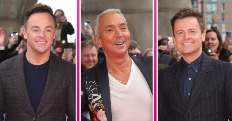 Bruno Tonioli waving at camera on BGT auditions red carpet, beside smiling Ant and Dec