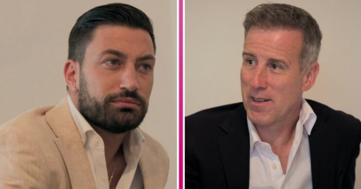Giovanni Pernice frowning at a surprised Anton Du Beke during Anton and Giovanni's Adventures in Spain