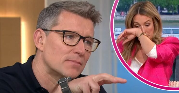 Ben Shephard points as Cat Deeley wipes away tears on This Morning