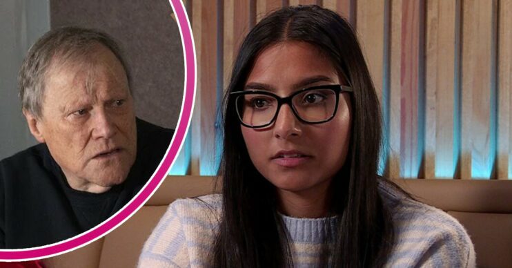 Asha looking worried on Coronation Street; inset, Roy in prison (Credit: ITV/Composite: ED!)