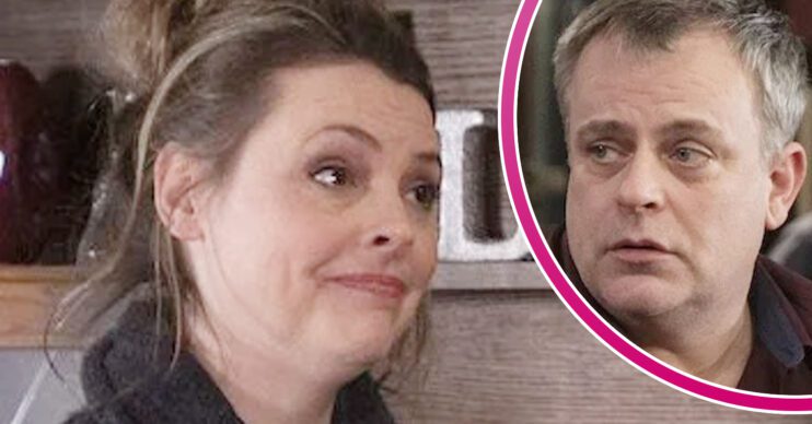 Coronation Street's Tracy, and in a bubble is Steve