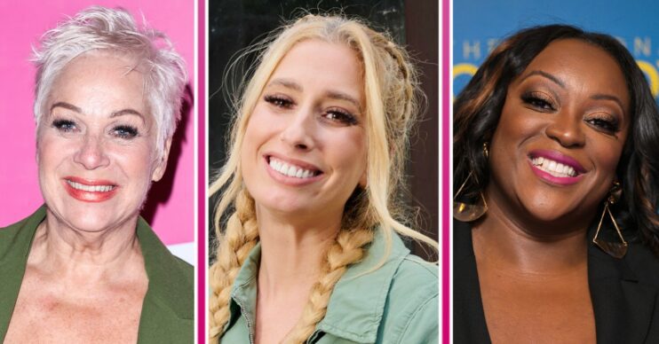 Loose Women cast members, Denise Welch at Dirty Dancing Press Night, wearing an all green outfit, Stacey Solomon on her new show renovation rescue with plaited hair and green boiler suit, Judi Love at the National Comedy Awards for Stand Up To Cancer at the London Roundhouse, smiling and wearing a black dress