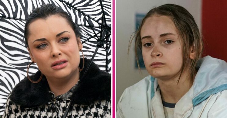 Composite image of Whitney and Britney looking upset on EastEnders (Credit: BBC/Composite: ED!)