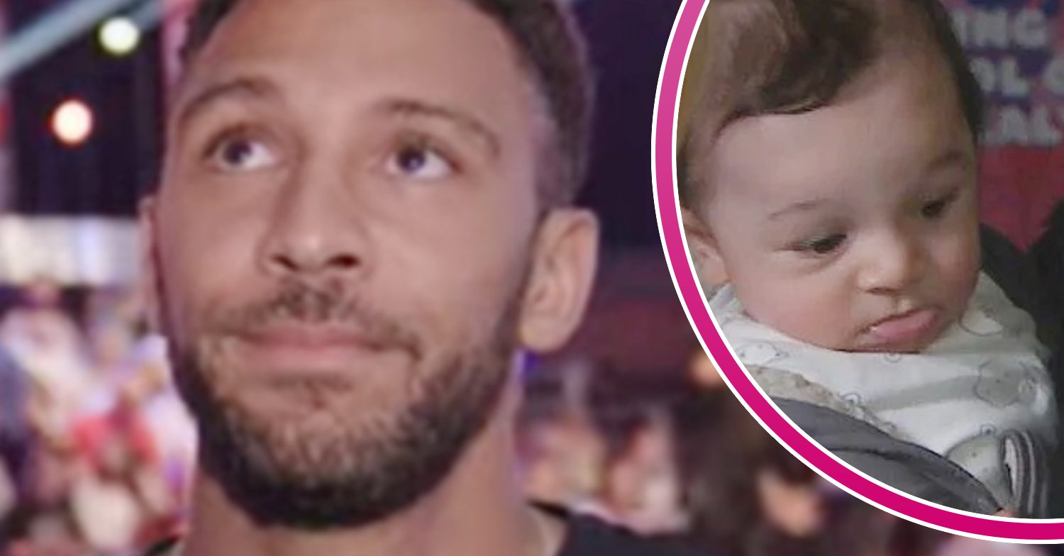 Emmerdale's Jay Kontzle, and in a bubble is baby Evan