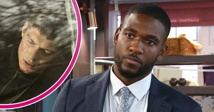 Ethan looking guilty on Emmerdale; inset, Nicky unconscious (Credit: ITV/Composite: ED!)