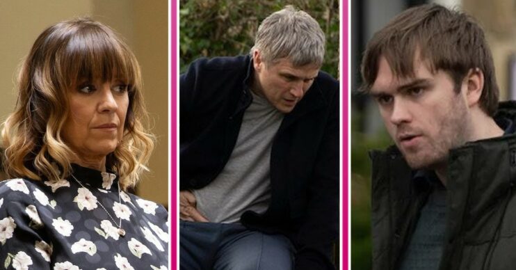 Emmerdale spoilers comp image: Rhona, Caleb, Tom (Credit: ITV/Comp ED!)