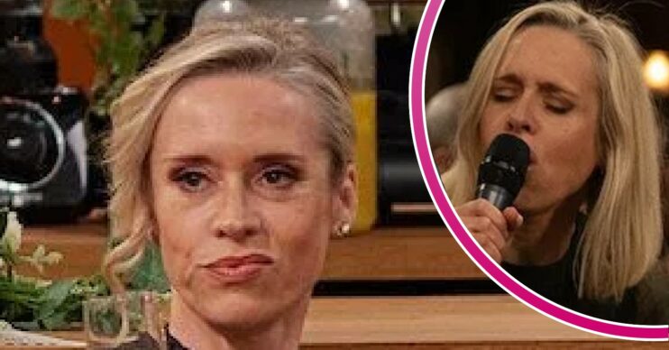 Emmerdale featured image for Ruby getting better - Ruby grimacing and her singing karaoke (Credit: ITV/Comp ED!)
