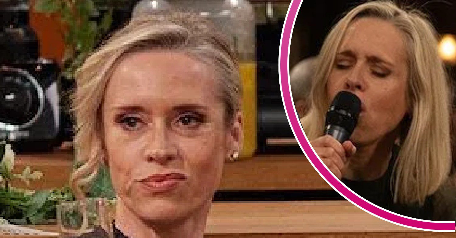 Emmerdale featured image for Ruby getting better - Ruby grimacing and her singing karaoke (Credit: ITV/Comp ED!)