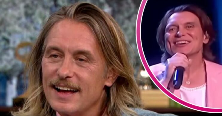 Mark Owen smiles with long hair and then sings with short hair in a corner circle (Credit: ITV/Comp ED!)