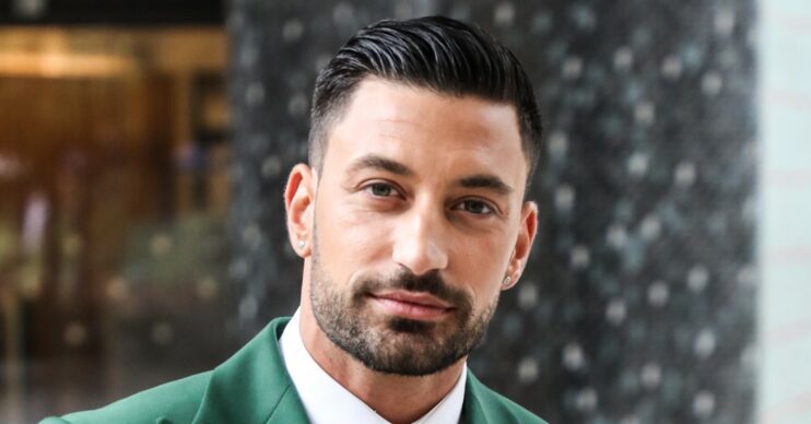 Strictly star Giovanni Pernice with neutral expression wearing green suit and looking at camera close-up composite