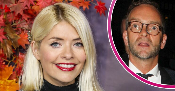 Holly Willoughby smiling and husband Dan inset
