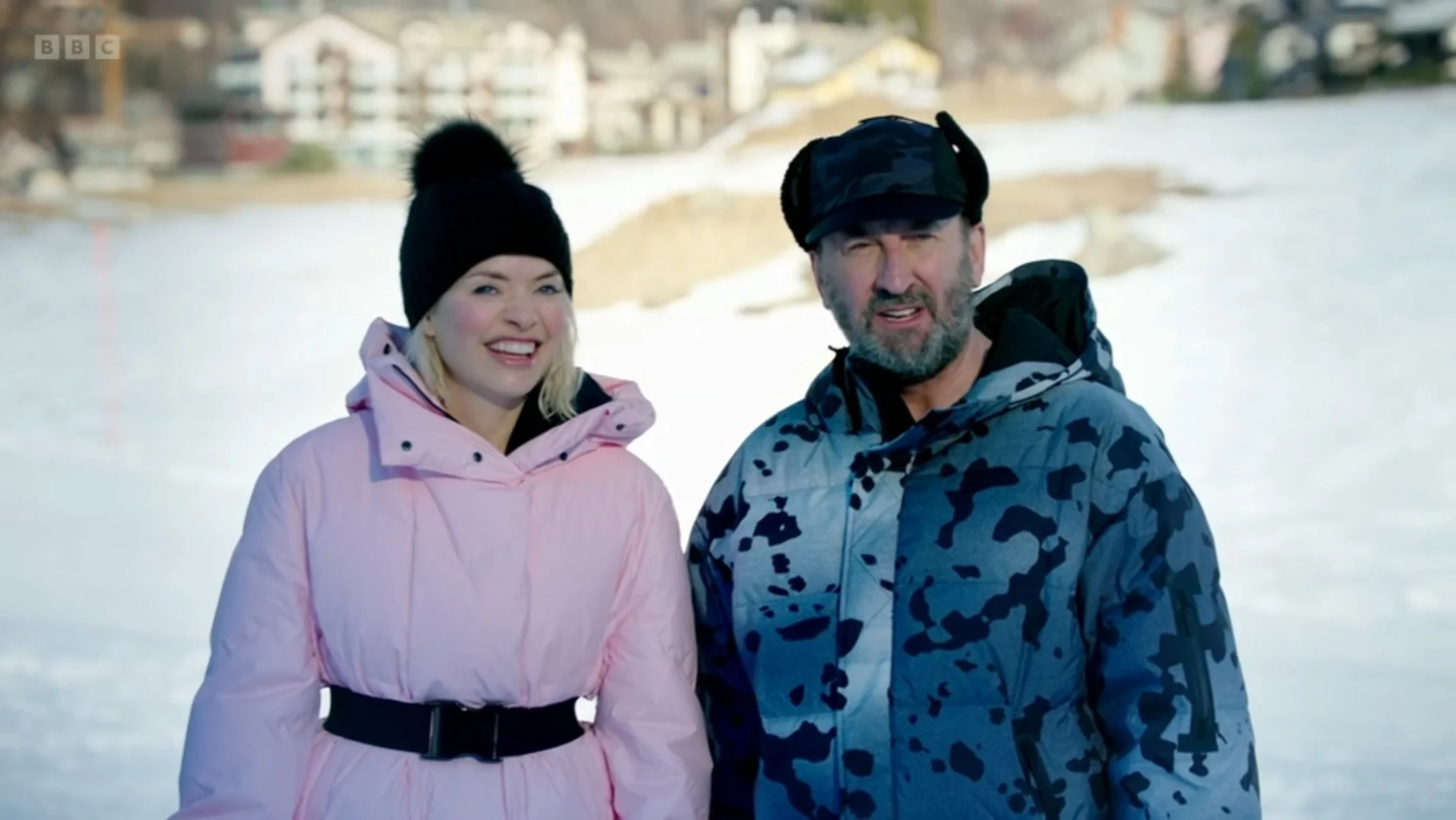 Lee Mack and Holly Willoughby dressed up warm on Freeze the Fear 