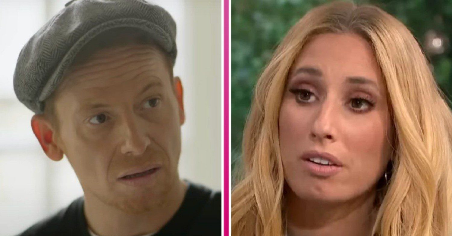 Joe Swash with serious expression wearing hat beside a serious looking Stacey Solomon