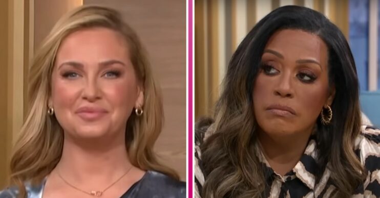 Josie Gibson with neutral expression beside Alison Hammond frowning on set of This Morning