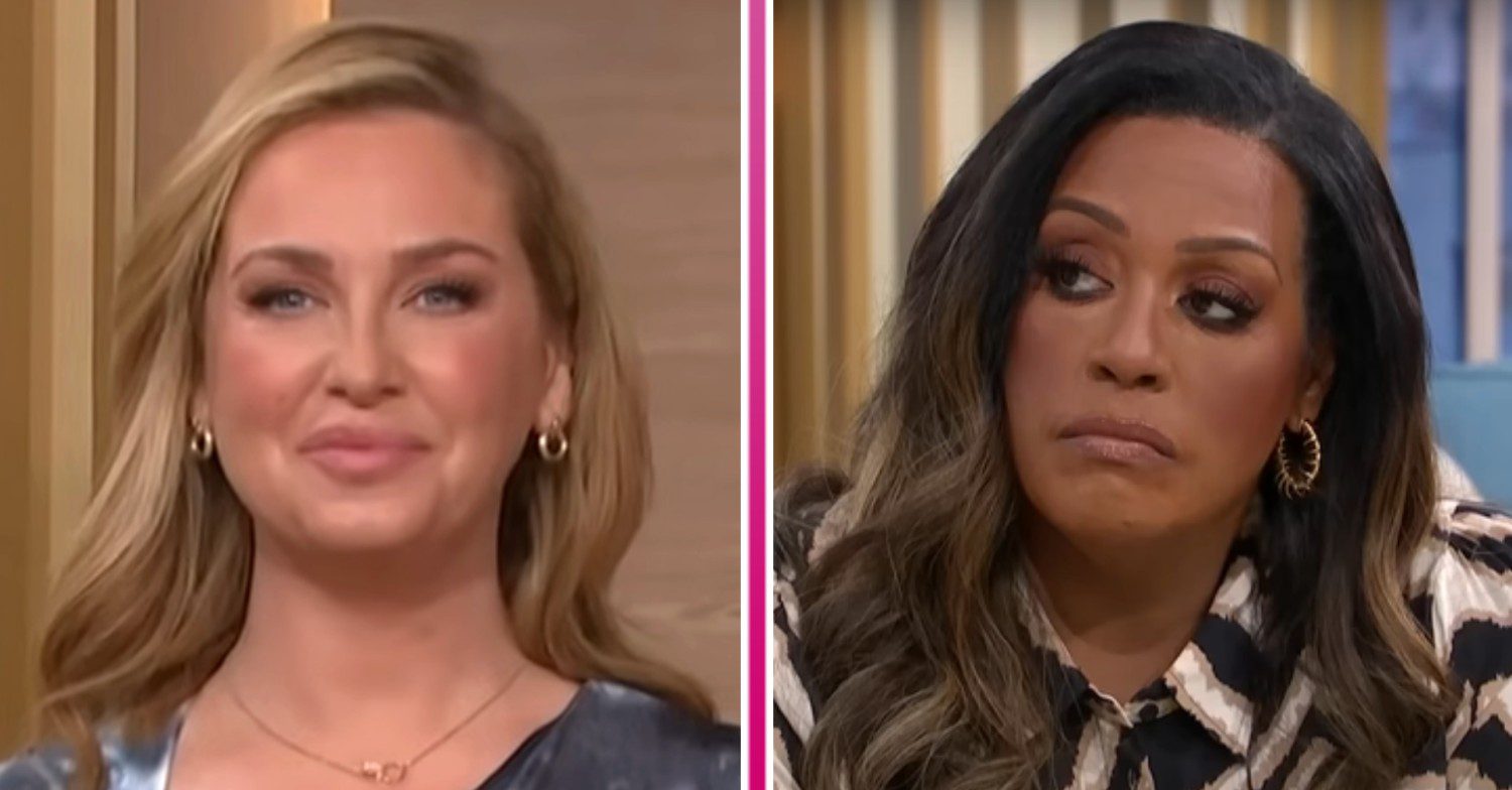 Josie Gibson with neutral expression beside Alison Hammond frowning on set of This Morning