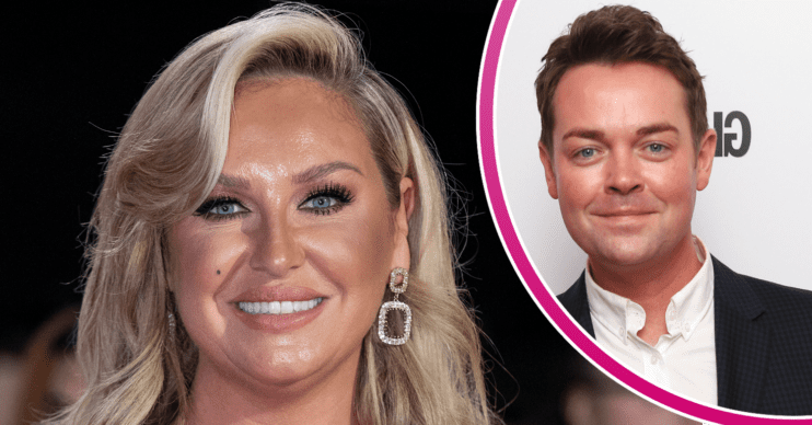 Josie Gibson smiling in black dress on red carpet close-up beside Stephen Mulhern in a tuxedo on red carpet smiling