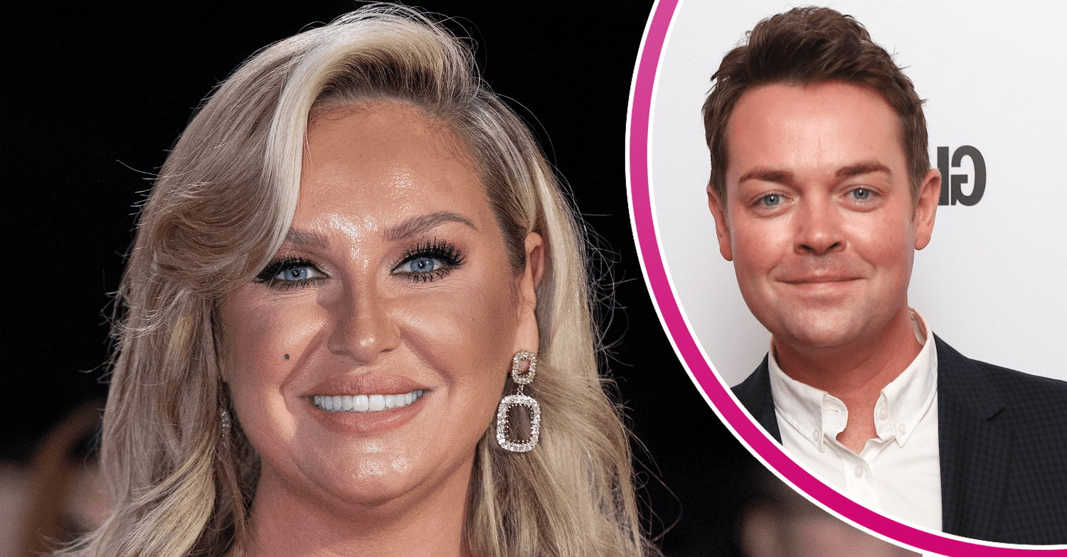 Josie Gibson smiling in black dress on red carpet close-up beside Stephen Mulhern in a tuxedo on red carpet smiling