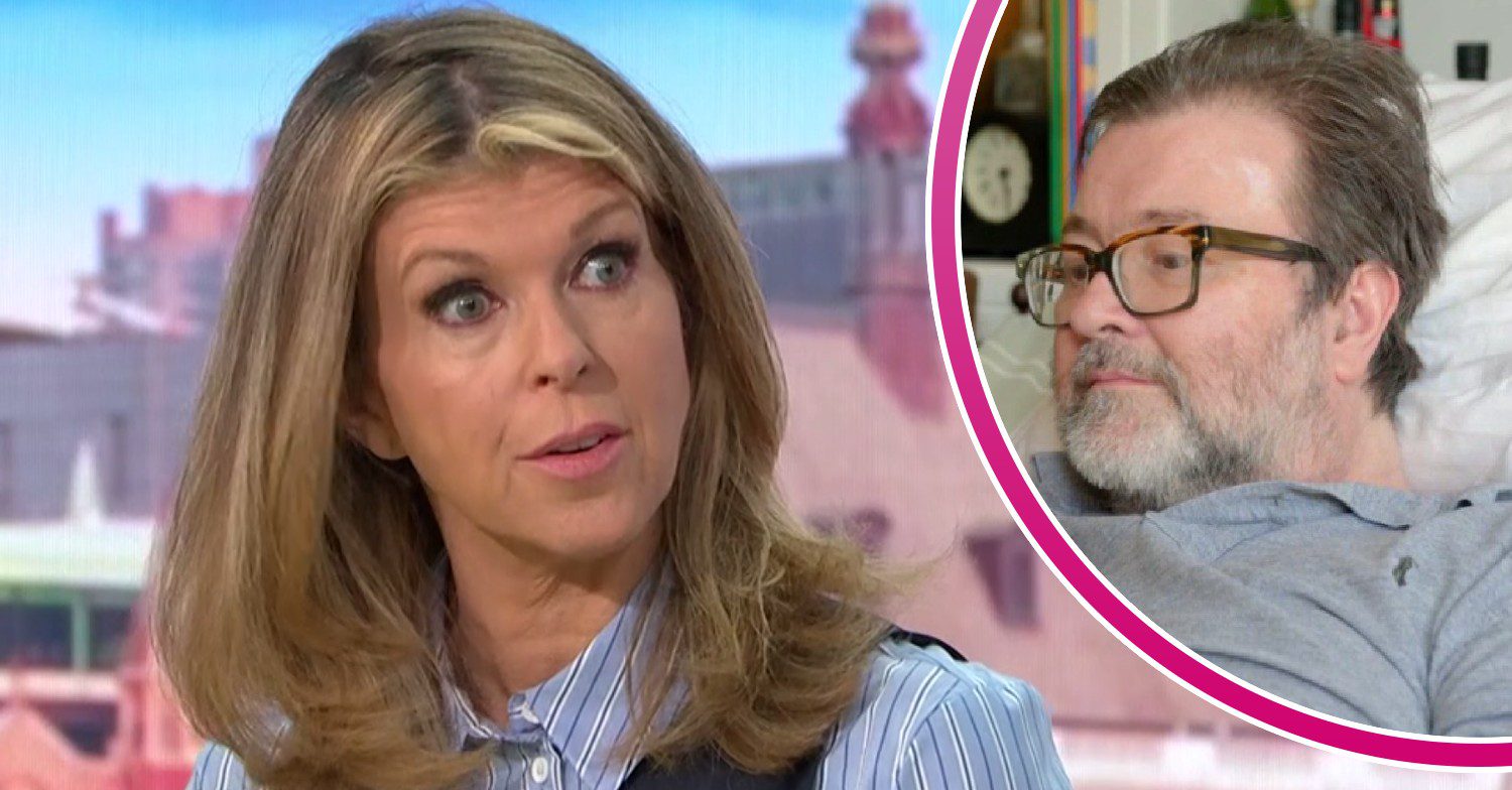 Kate Garraway looks concerned, her now-late husband Derek Draper sits up
