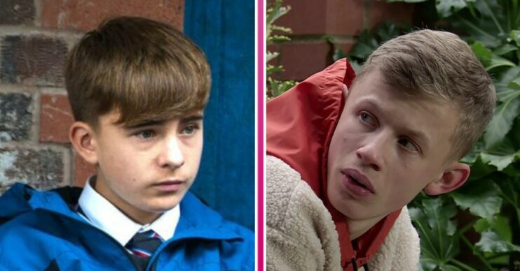 Composite image of Liam and Dylan looking worried on Coronation Street