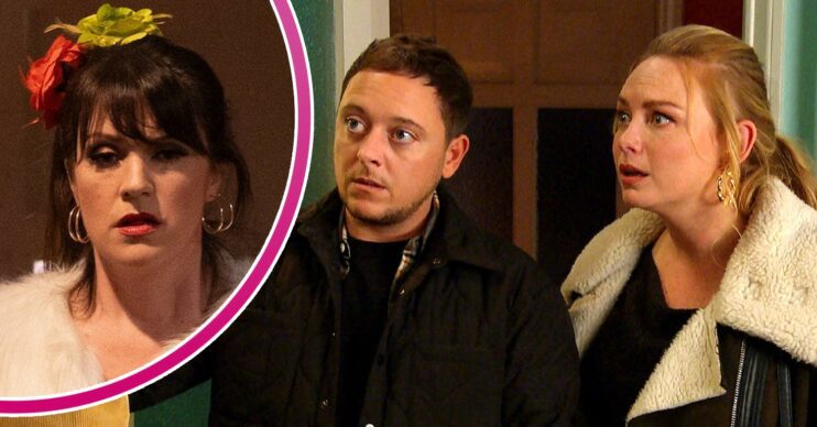 Amy and Matty looking shocked on Emmerdale; inset, Kerry looks worried (Credit: ITV/Composite: ED!)
