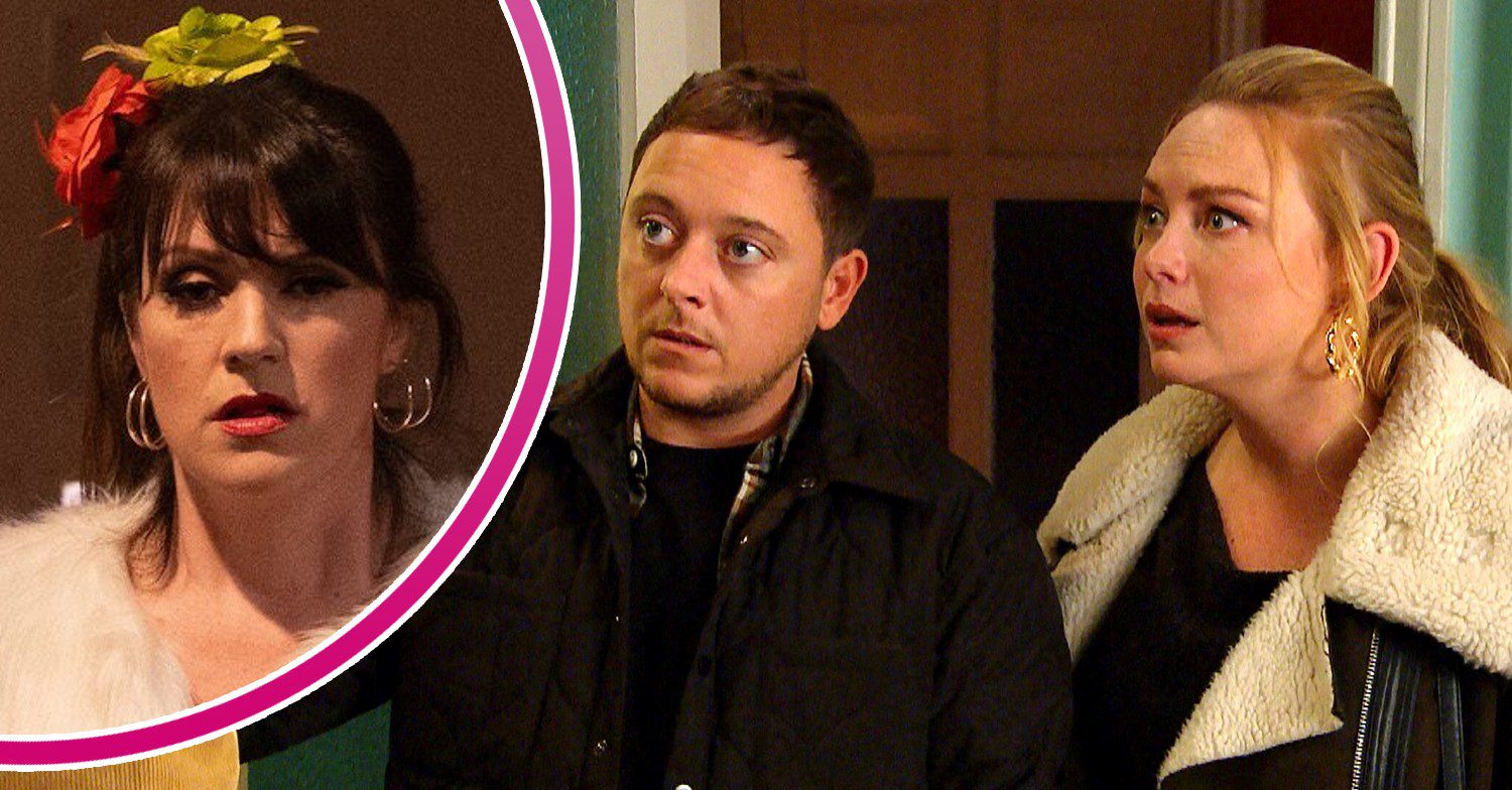 Amy and Matty looking shocked on Emmerdale; inset, Kerry looks worried (Credit: ITV/Composite: ED!)