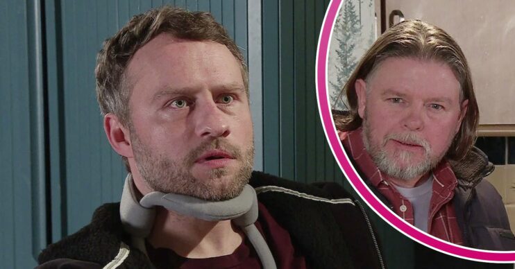 Paul looks worried on Corrie; inset, Dad Denny (Credit: ITV/Composite: ED!)