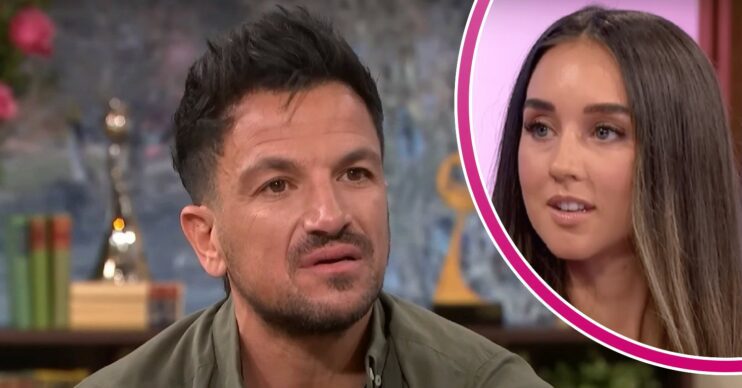 Peter Andre with unhappy expression on This Morning with cut-out of Emily Andre looking unimpressed on Loose Women