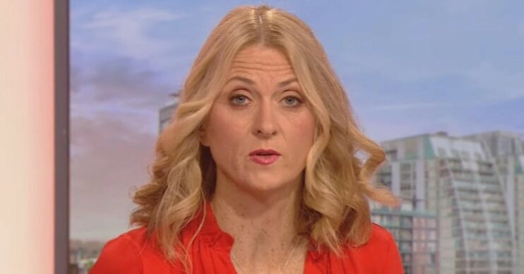 Rachel burden has opened up about having a baby at 41, Rachel on BBC Breakfast with red dress and lipstick close up comp