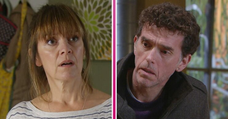 Composite image of Rhona and Marlon looking upset on Emmerdale (Credit: ITV/Composite: ED!)