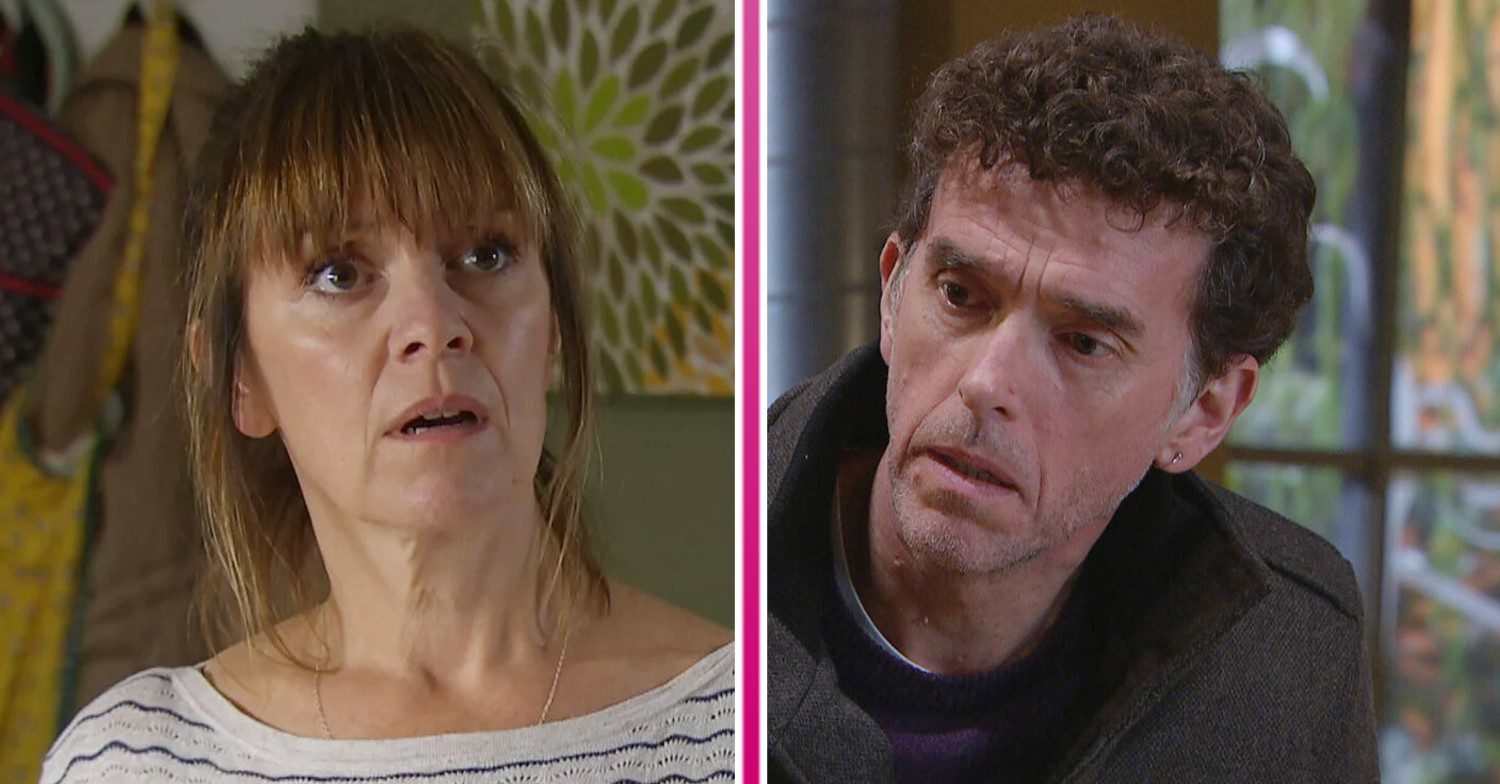 Composite image of Rhona and Marlon looking upset on Emmerdale (Credit: ITV/Composite: ED!)