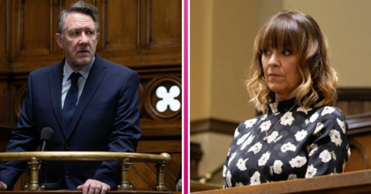 Rhona and Gus in court, side by side