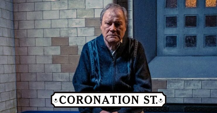 Roy in prison cell on Coronation Street with Corrie logo (Credit: ITV/Composite: ED!)