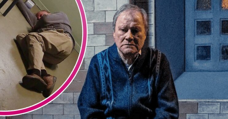 Roy in prison on Coronation Street; inset, passed out on the floor (Credit: ITV/Composite: ED!)