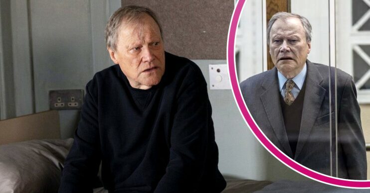 Roy looking miserable in his prison cell; inset, standing trial (Credit: ITV/Composite: ED!)