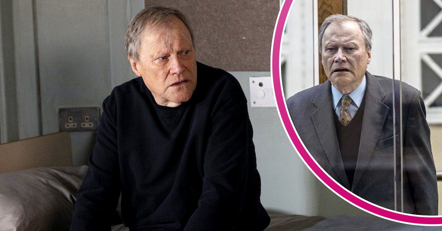 Roy looking miserable in his prison cell; inset, standing trial (Credit: ITV/Composite: ED!)