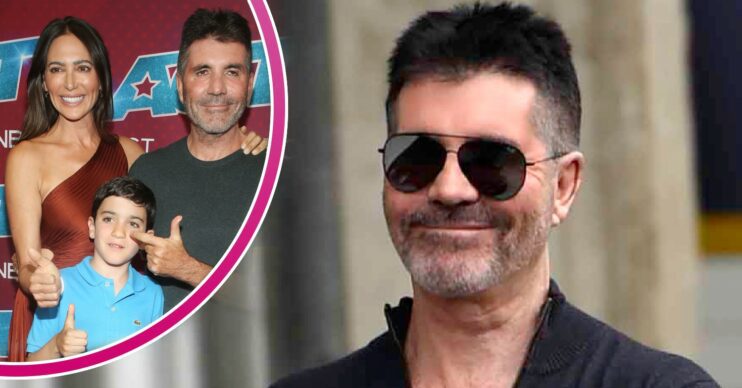 Simon Cowell smiling in sunglasses and with Lauren Silverman and son Eric