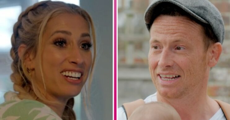 Stacey Solomon smiling beside Joe Swash with shocked expression wearing hat on Sort Your Life Out comp
