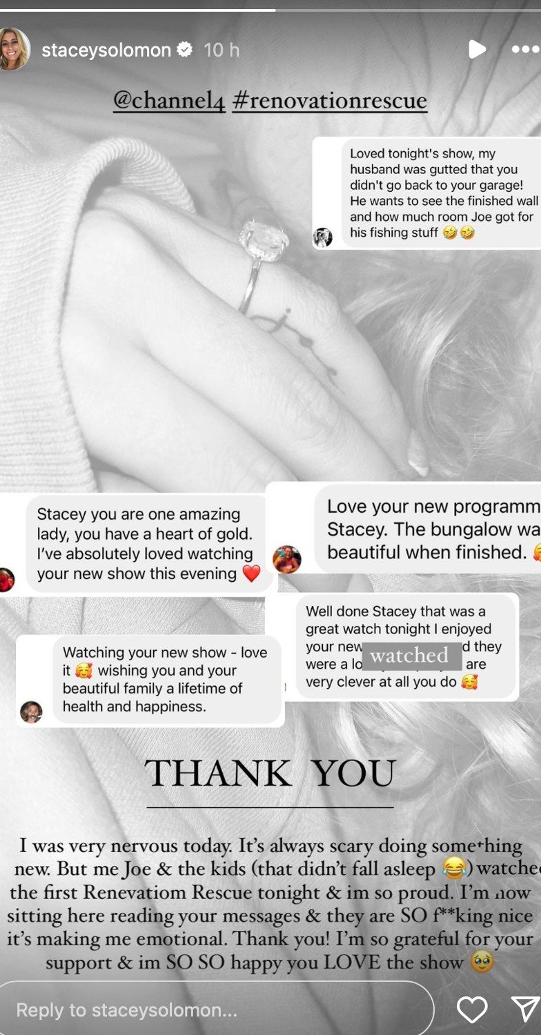 Stacey Solomon reacted Renovation Rescue on her social media stories