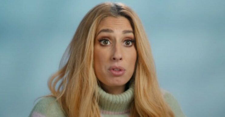 Renovation Rescue star Stacey Solomon chatting with shocked expression